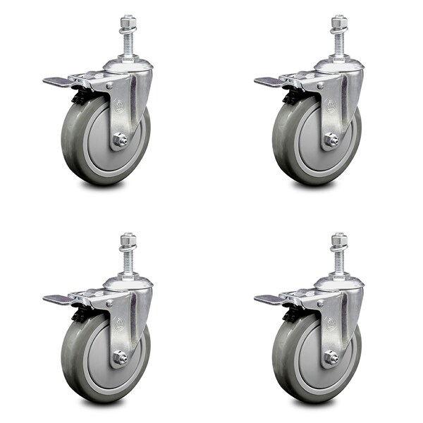 5 Inch Gray Polyurethane Swivel 10mm Stem Caster Set with Total Lock Brake